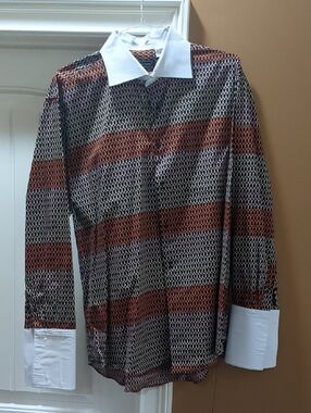 Men's Patterned Button-Up Shirt with White Collar and French Cuffs Sz 17.5 36/37